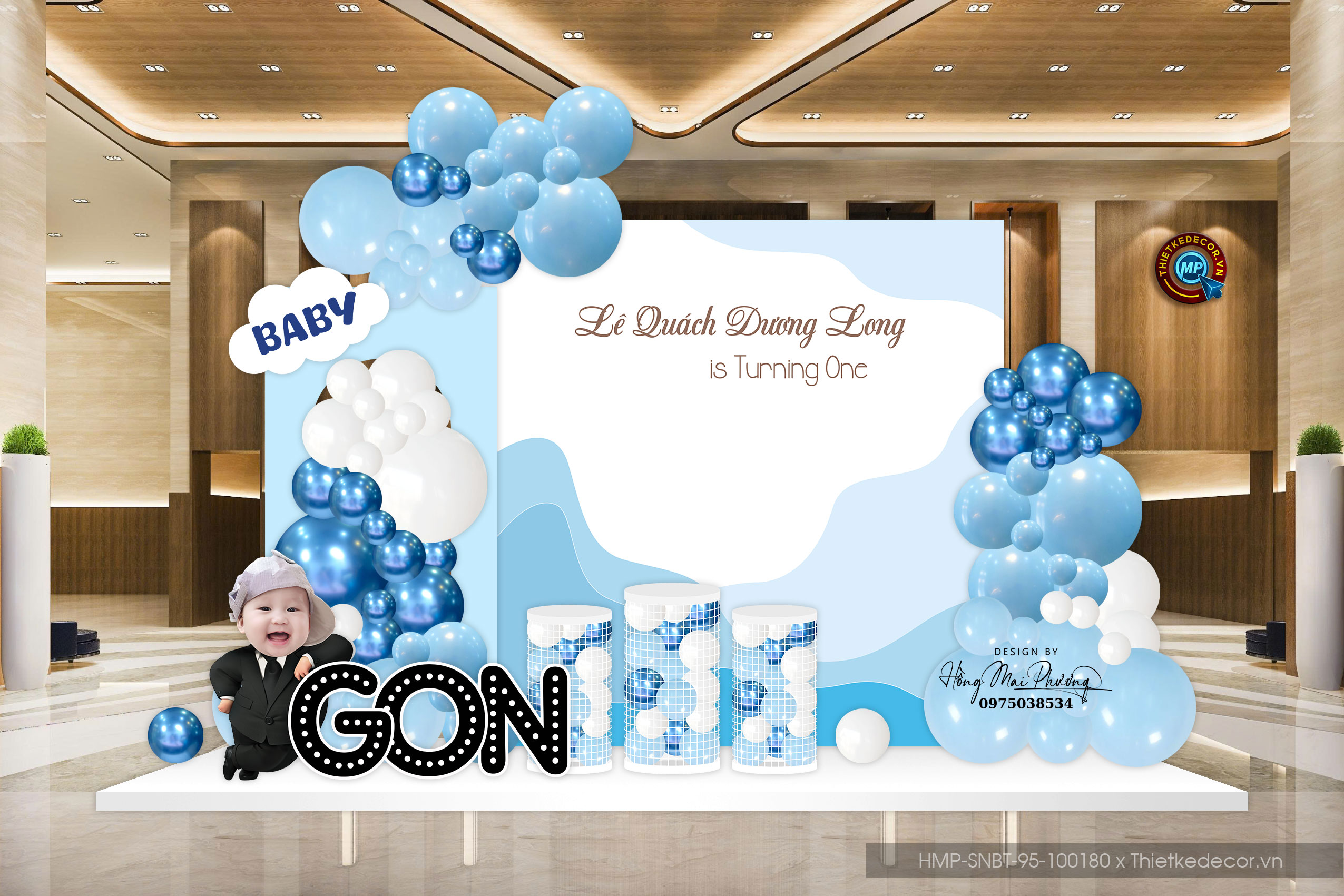 Trang trí tiệc sinh nhật. File thiết kế Backdrop sinh nhật bé trai tone xanh tuổi rồng.